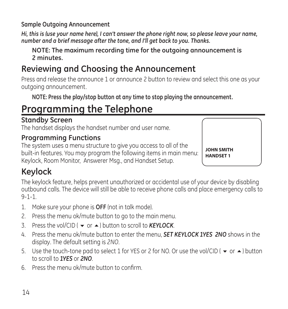 Programming the telephone, Reviewing and choosing the announcement, Keylock | GE 28118 User Manual | Page 14 / 104