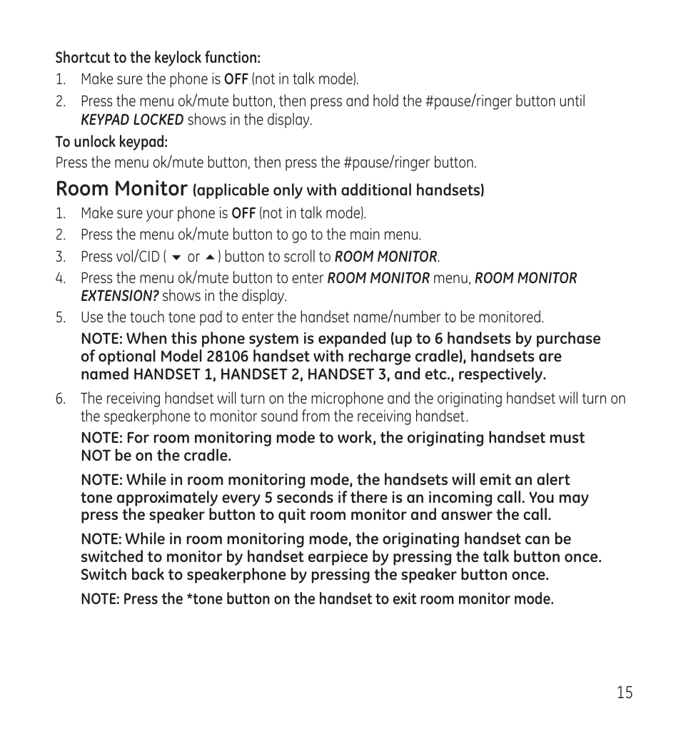 Room monitor | GE 28118 User Manual | Page 15 / 104