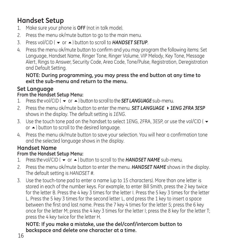 Handset setup | GE 28118 User Manual | Page 16 / 104