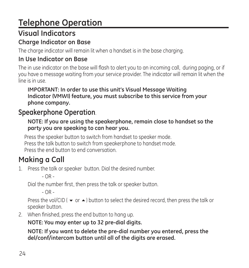 Telephone operation, Visual indicators, Speakerphone operation | Making a call | GE 28118 User Manual | Page 24 / 104