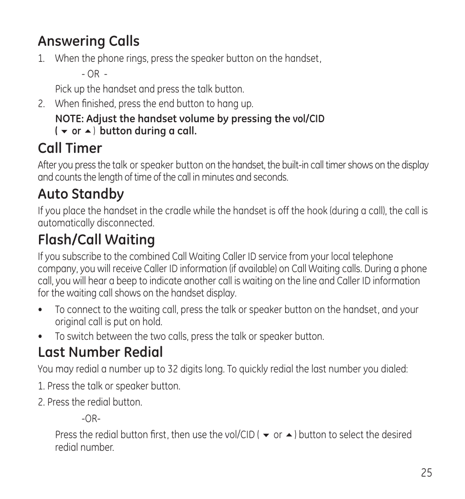 Answering calls, Call timer, Auto standby | Flash/call waiting, Last number redial | GE 28118 User Manual | Page 25 / 104