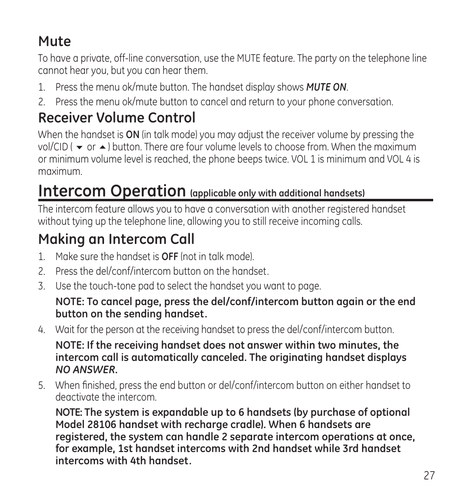 Intercom operation, Mute, Receiver volume control | Making an intercom call | GE 28118 User Manual | Page 27 / 104