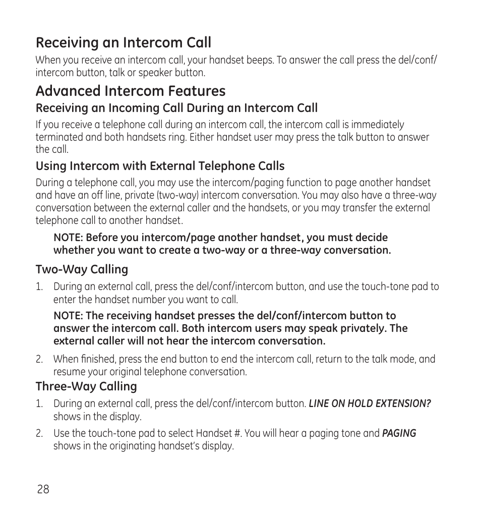 Receiving an intercom call, Advanced intercom features | GE 28118 User Manual | Page 28 / 104