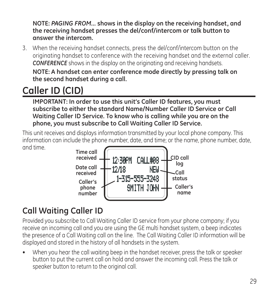 Caller id (cid), Call waiting caller id | GE 28118 User Manual | Page 29 / 104
