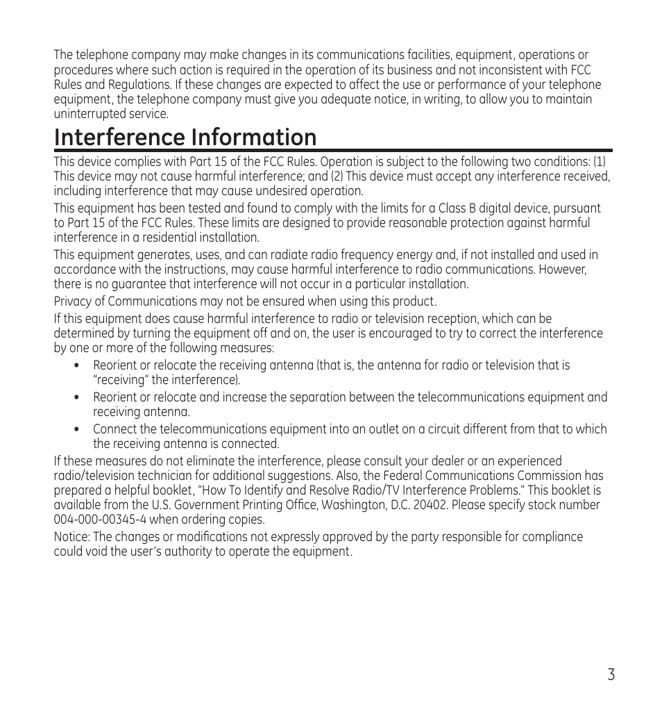 Interference information | GE 28118 User Manual | Page 3 / 104