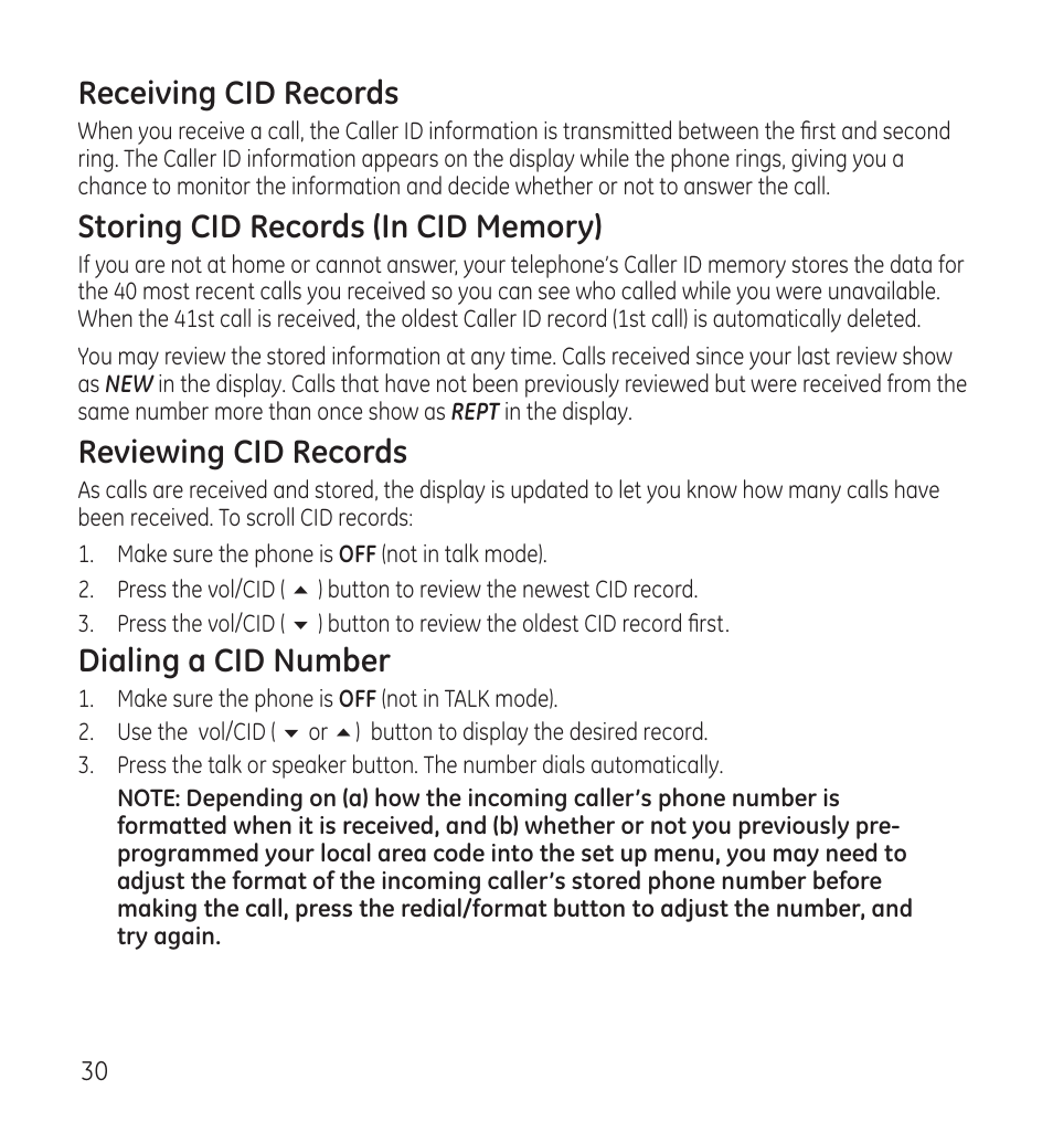 Receiving cid records, Reviewing cid records, Dialing a cid number | GE 28118 User Manual | Page 30 / 104