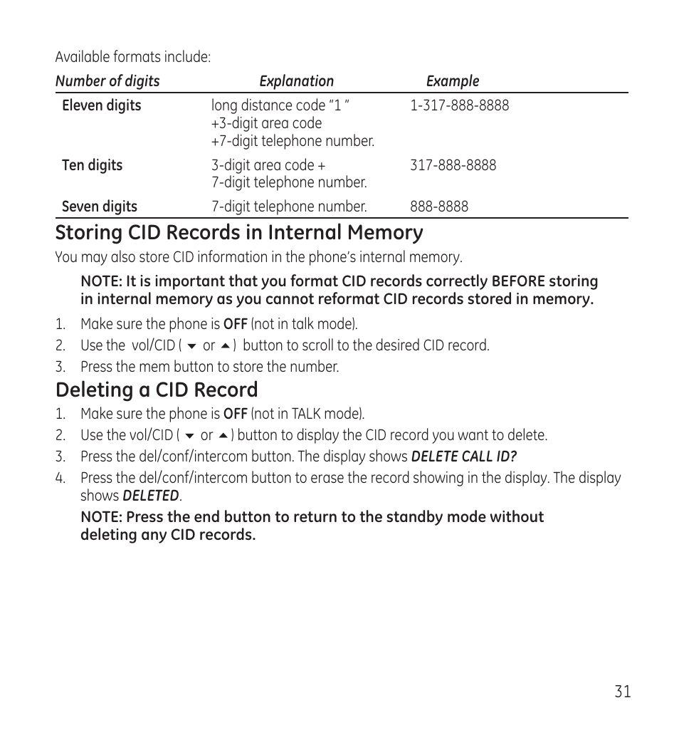 Deleting a cid record | GE 28118 User Manual | Page 31 / 104