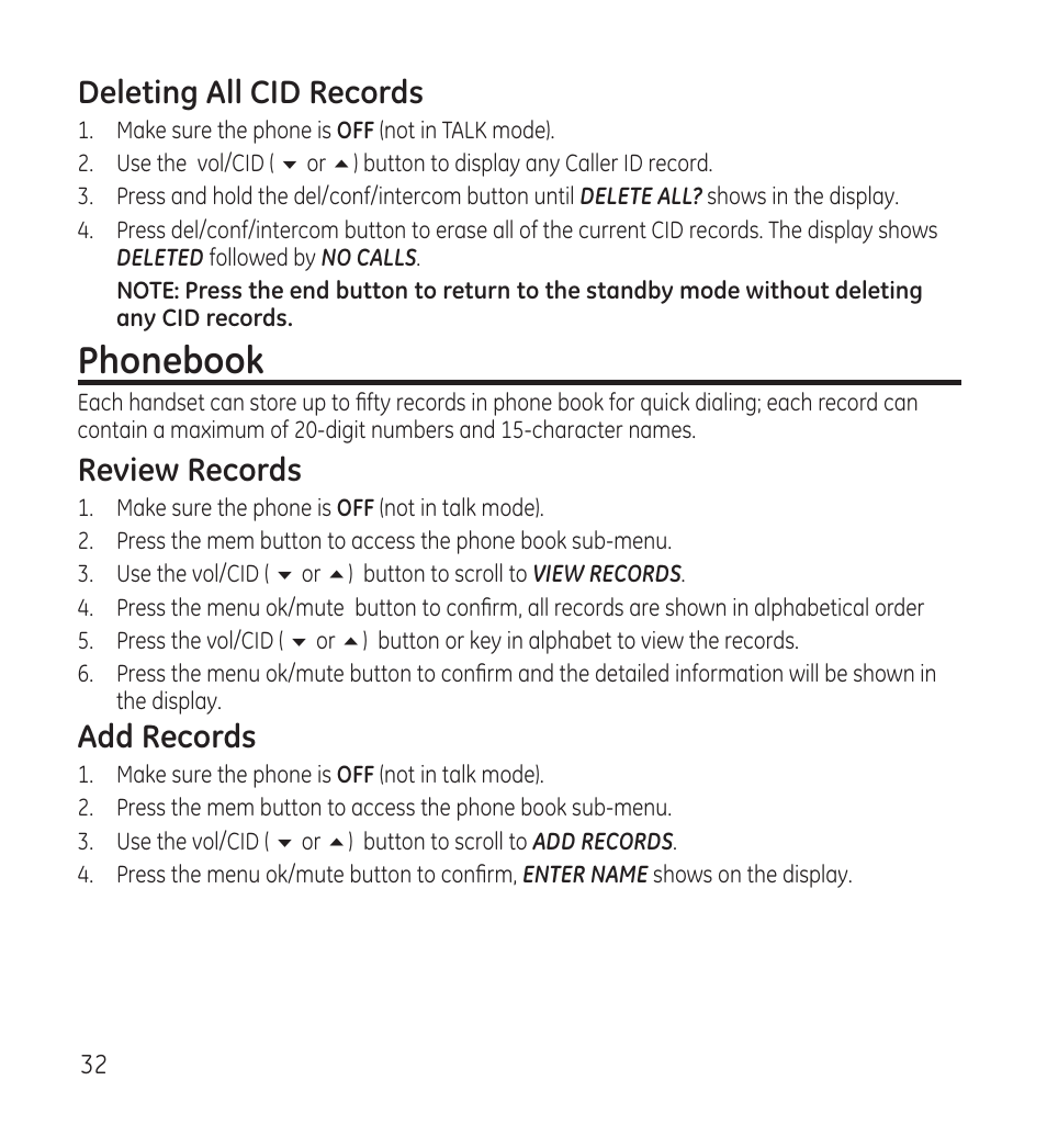 Phonebook, Deleting all cid records, Review records | Add records | GE 28118 User Manual | Page 32 / 104