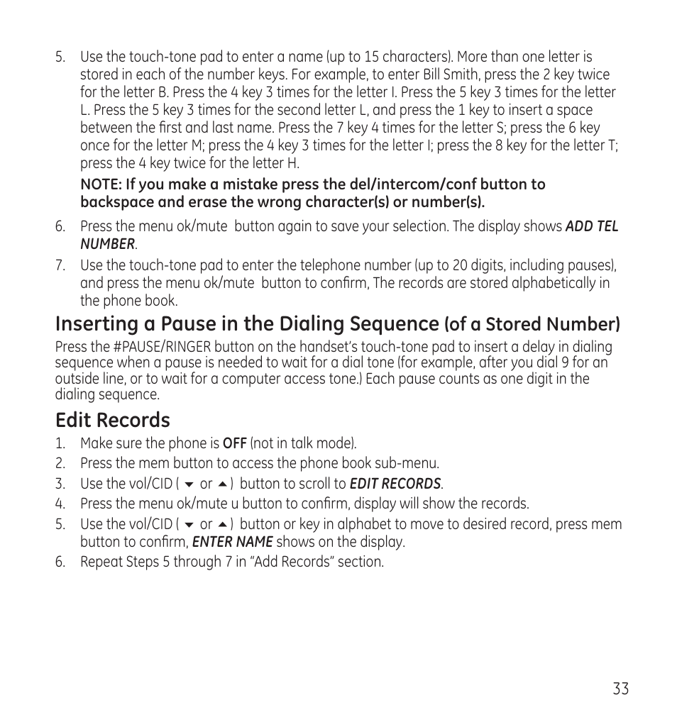 Inserting a pause in the dialing sequence, Edit records, Of a stored number) | GE 28118 User Manual | Page 33 / 104
