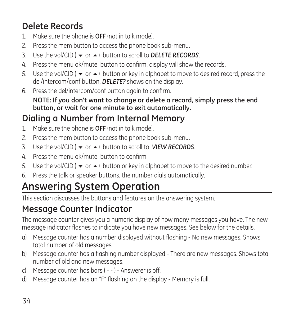 Answering system operation, Delete records, Message counter indicator | GE 28118 User Manual | Page 34 / 104