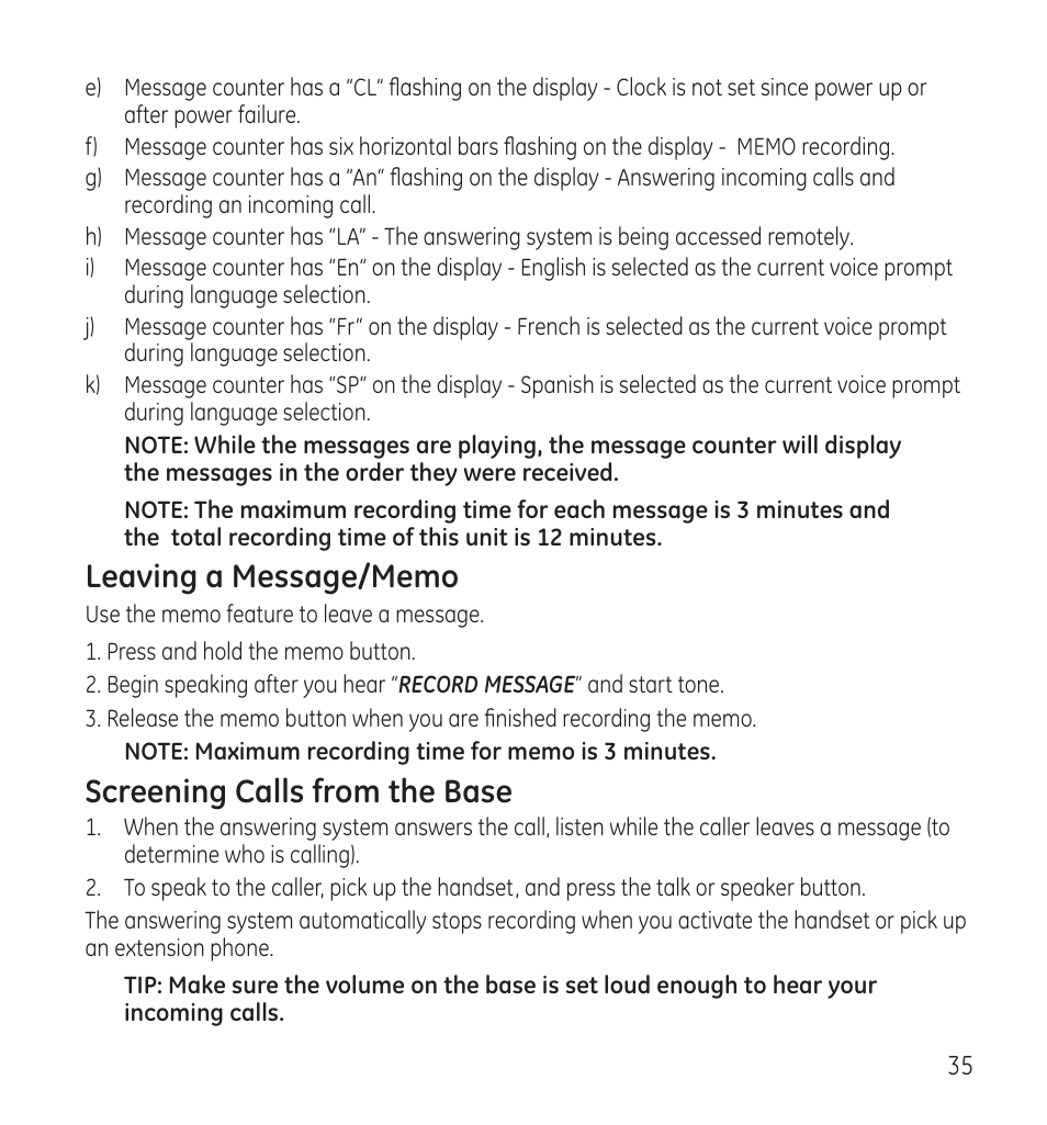 Screening calls from the base | GE 28118 User Manual | Page 35 / 104