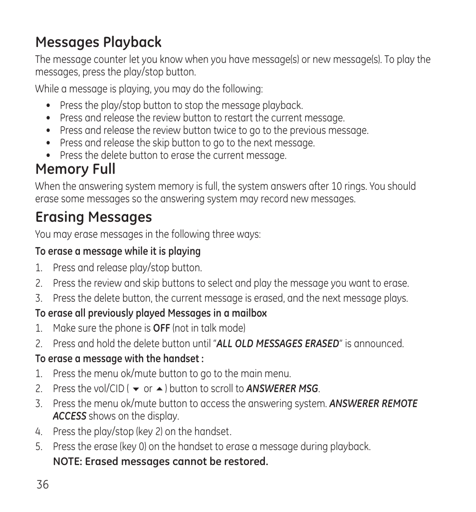 Messages playback, Erasing messages | GE 28118 User Manual | Page 36 / 104