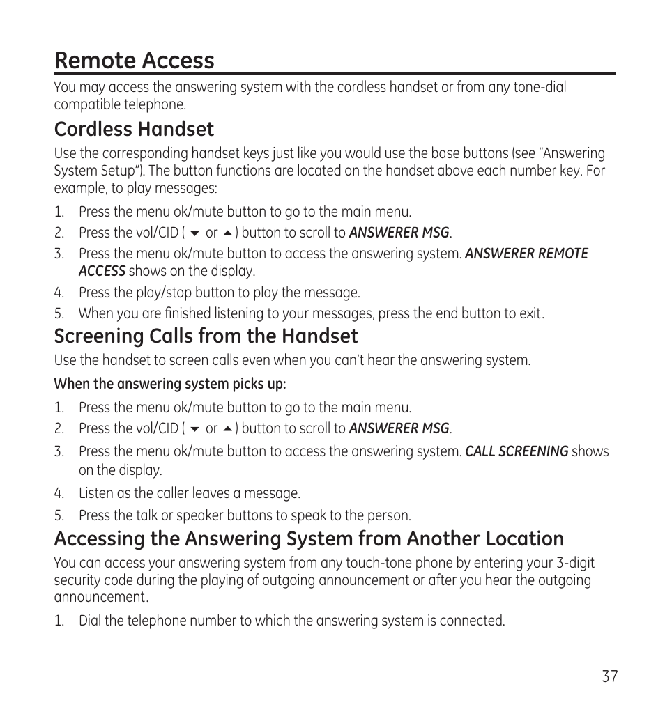 Remote access, Cordless handset, Screening calls from the handset | GE 28118 User Manual | Page 37 / 104