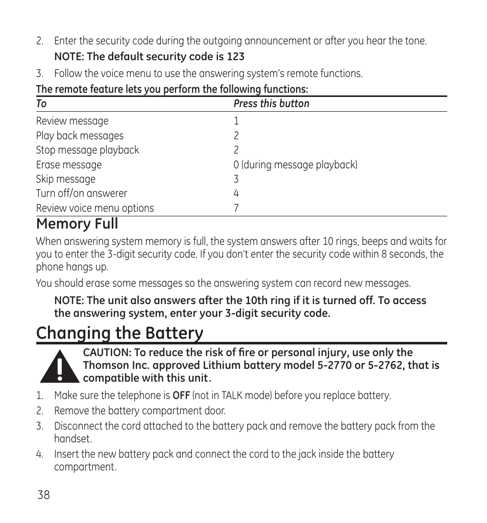 Changing the battery | GE 28118 User Manual | Page 38 / 104