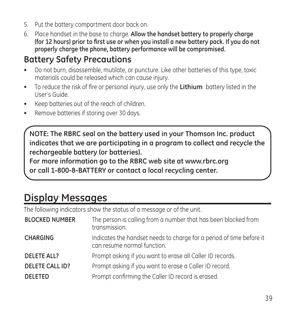 Display messages, Battery safety precautions | GE 28118 User Manual | Page 39 / 104