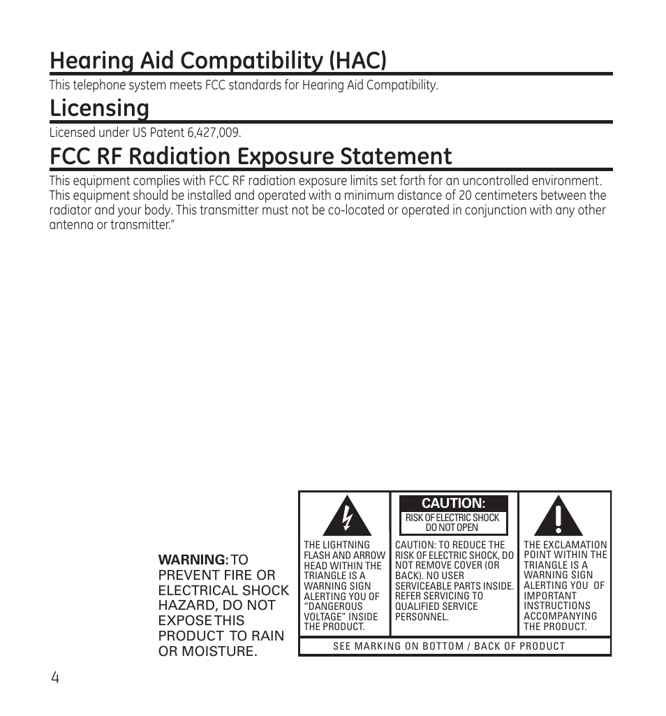 Hearing aid compatibility (hac), Licensing, Fcc rf radiation exposure statement | GE 28118 User Manual | Page 4 / 104