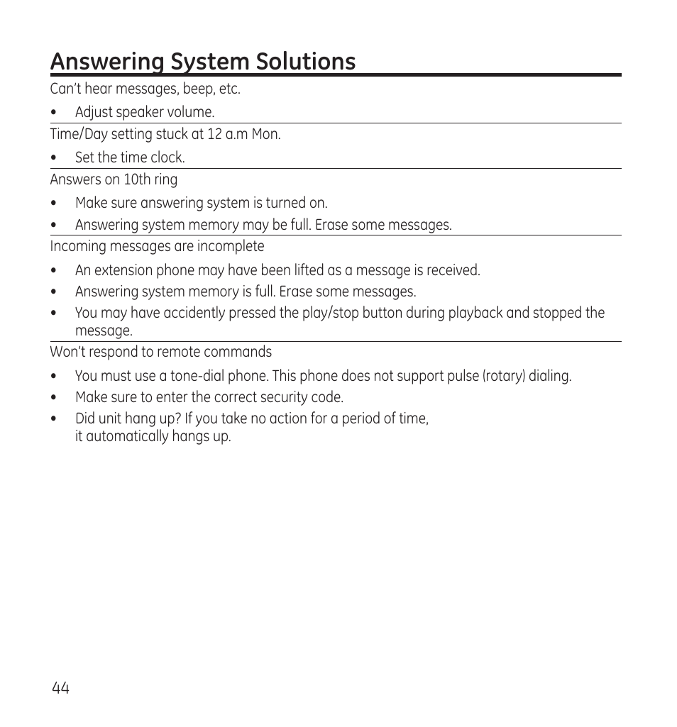 Answering system solutions | GE 28118 User Manual | Page 44 / 104