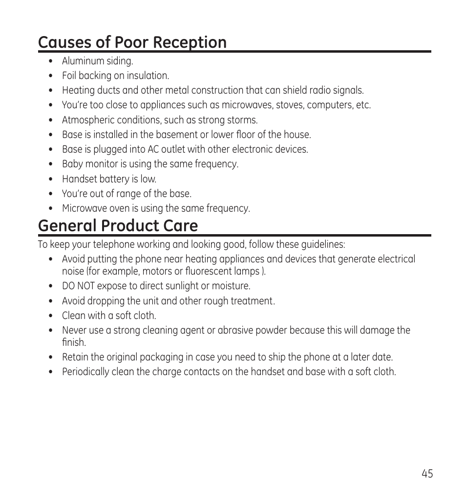 Causes of poor reception, General product care | GE 28118 User Manual | Page 45 / 104