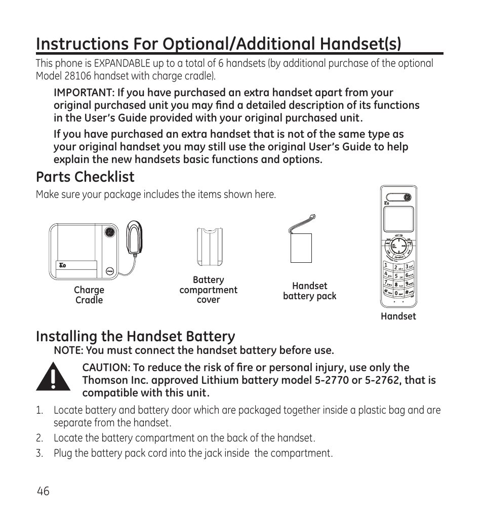 Instructions for optional/additional handset(s), Installing the handset battery, Parts checklist | GE 28118 User Manual | Page 46 / 104