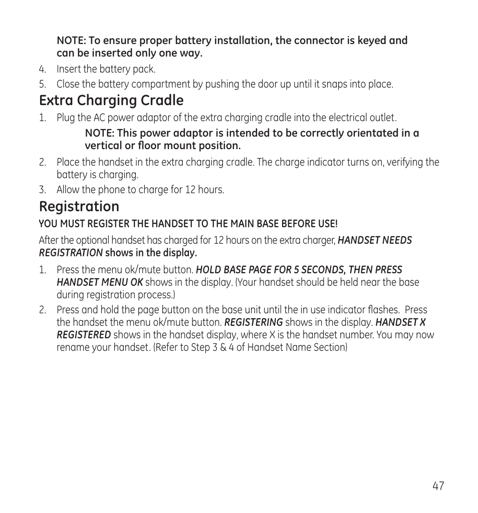 Extra charging cradle, Registration | GE 28118 User Manual | Page 47 / 104