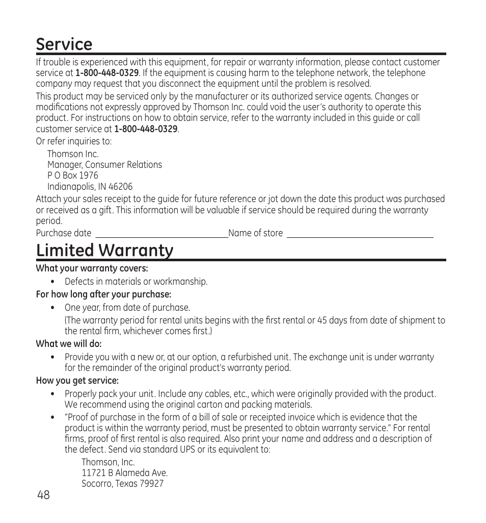 Service, Limited warranty | GE 28118 User Manual | Page 48 / 104