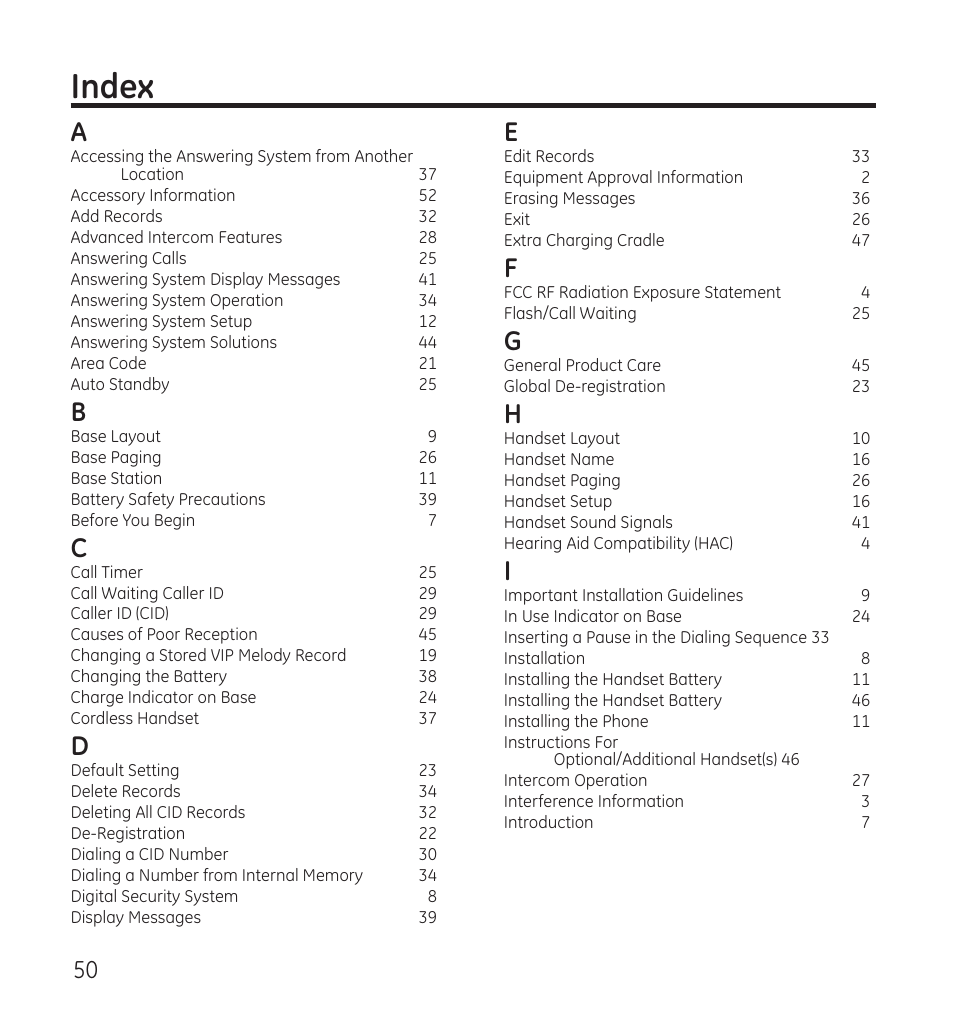 Index | GE 28118 User Manual | Page 50 / 104