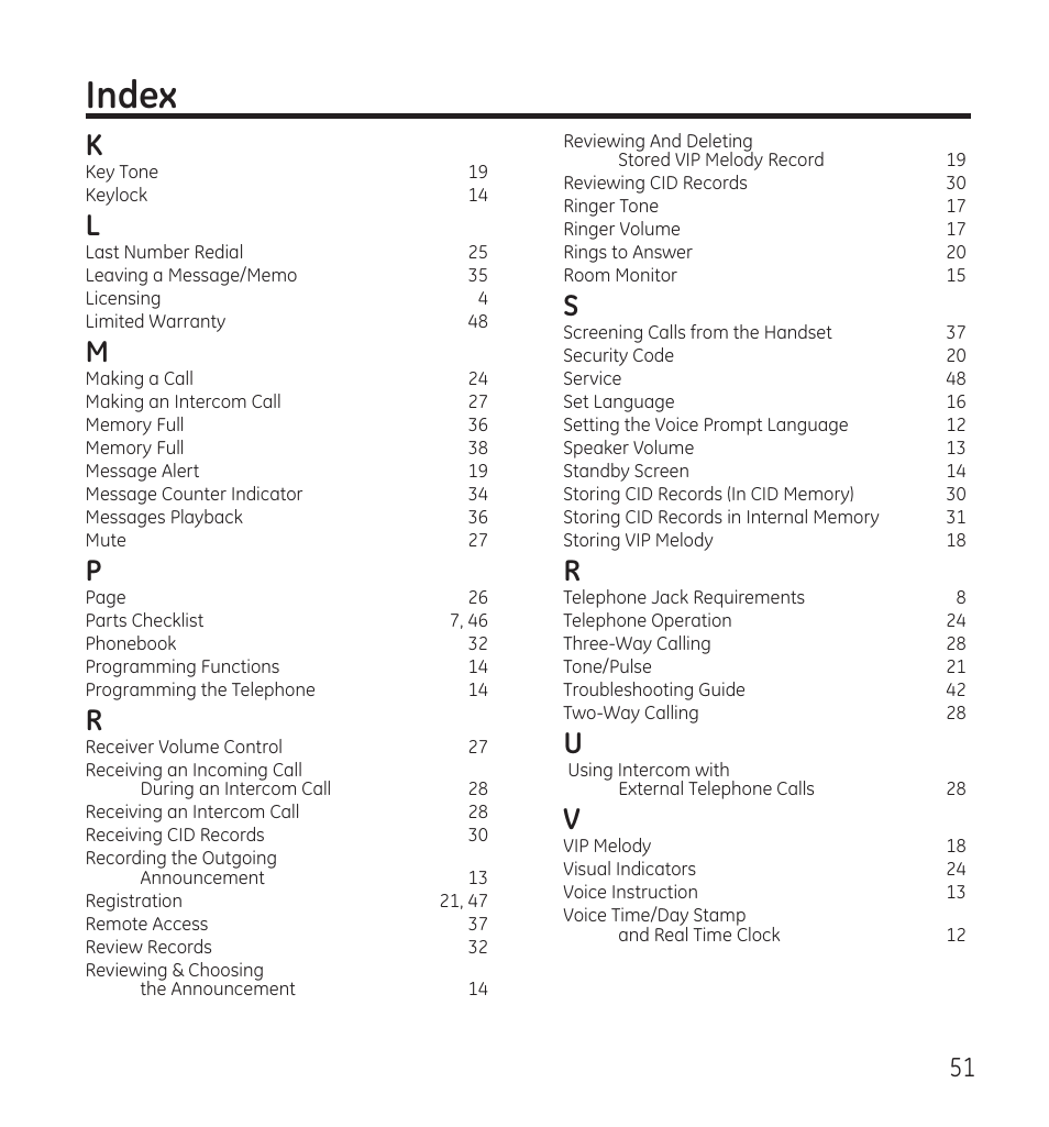 Index | GE 28118 User Manual | Page 51 / 104