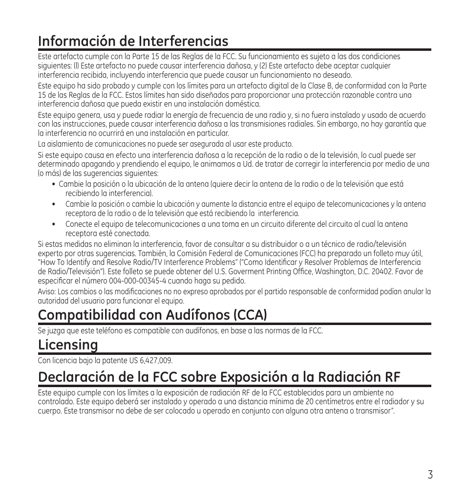 Información de interferencias, Compatibilidad con audífonos (cca), Licensing | GE 28118 User Manual | Page 55 / 104