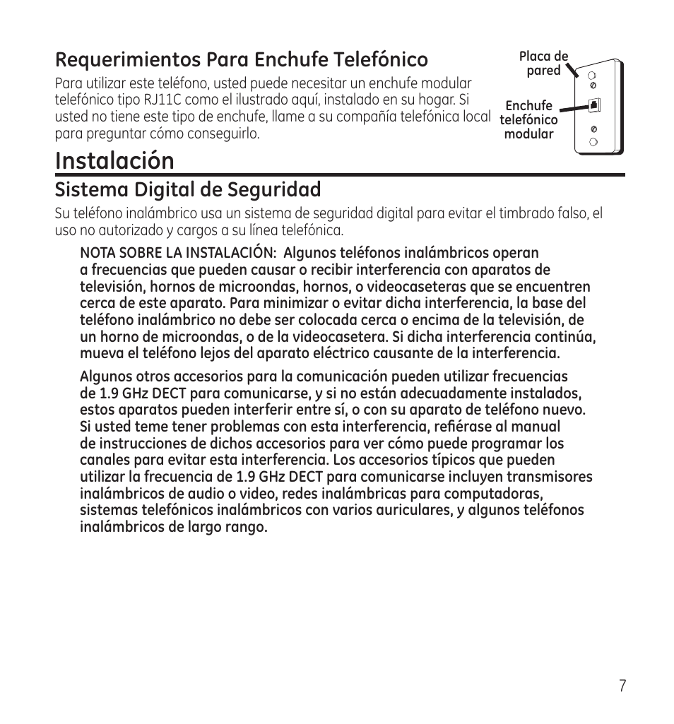 Instalación, Requerimientos para enchufe telefónico, Sistema digital de seguridad | GE 28118 User Manual | Page 59 / 104