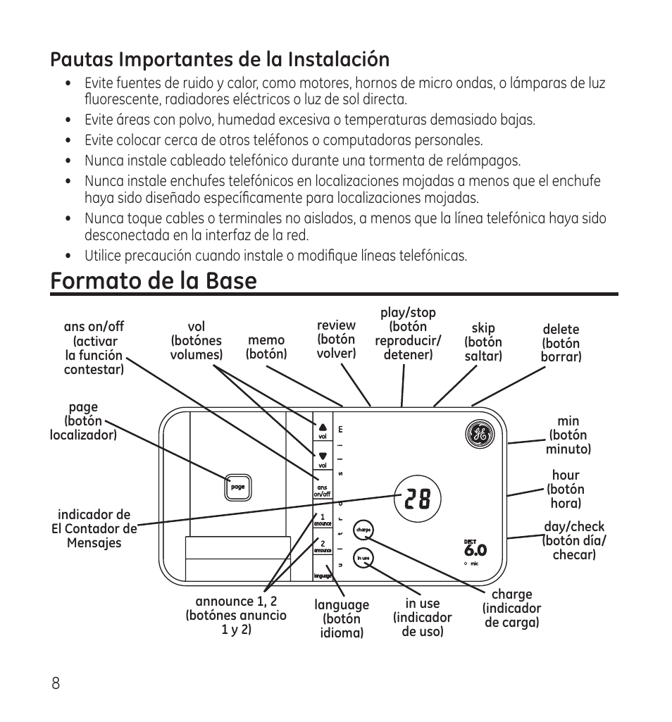 Formato de la base, Pautas importantes de la instalación | GE 28118 User Manual | Page 60 / 104