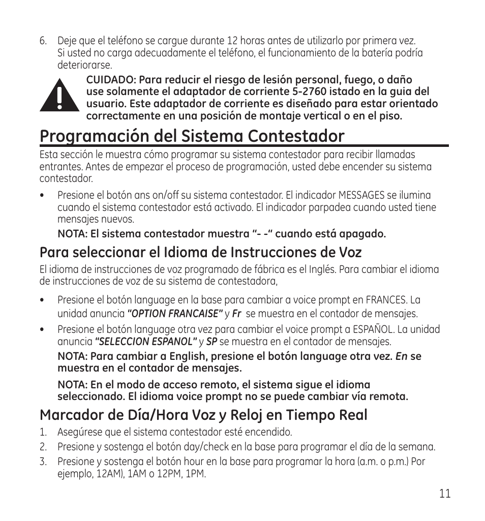Programación del sistema contestador, Para seleccionar el idioma de instrucciones de voz, Marcador de día/hora voz y reloj en tiempo real | GE 28118 User Manual | Page 63 / 104