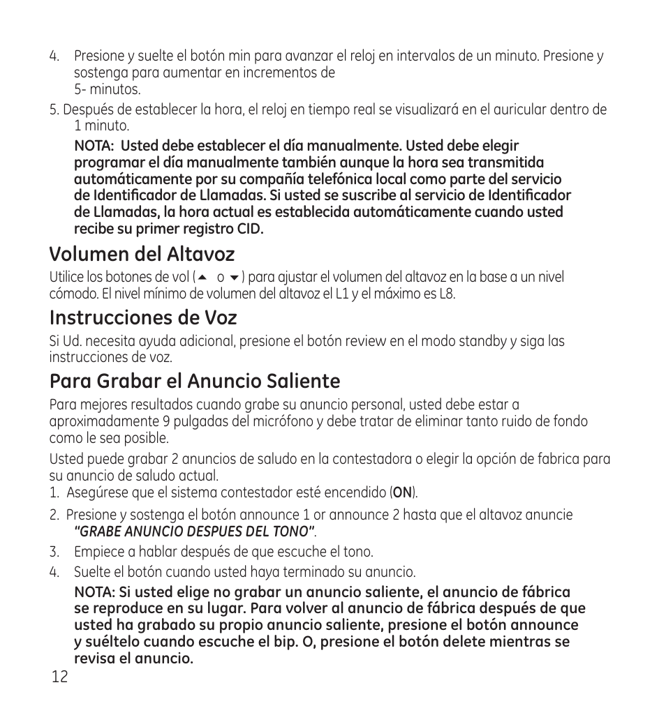 Volumen del altavoz, Instrucciones de voz, Para grabar el anuncio saliente | GE 28118 User Manual | Page 64 / 104