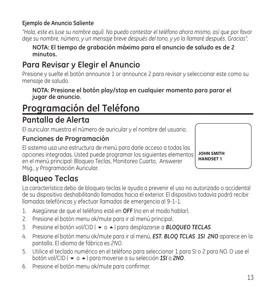 Programación del teléfono, Para revisar y elegir el anuncio, Pantalla de alerta | Bloqueo teclas | GE 28118 User Manual | Page 65 / 104