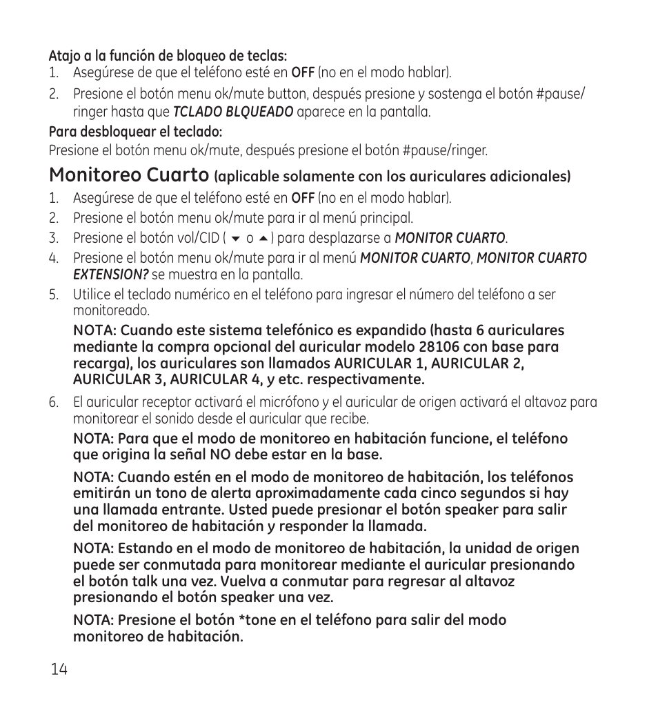 Monitoreo cuarto | GE 28118 User Manual | Page 66 / 104