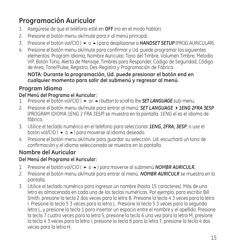 Programación auricular | GE 28118 User Manual | Page 67 / 104