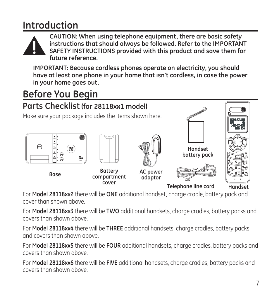 Introduction, Before you begin, Parts checklist | GE 28118 User Manual | Page 7 / 104