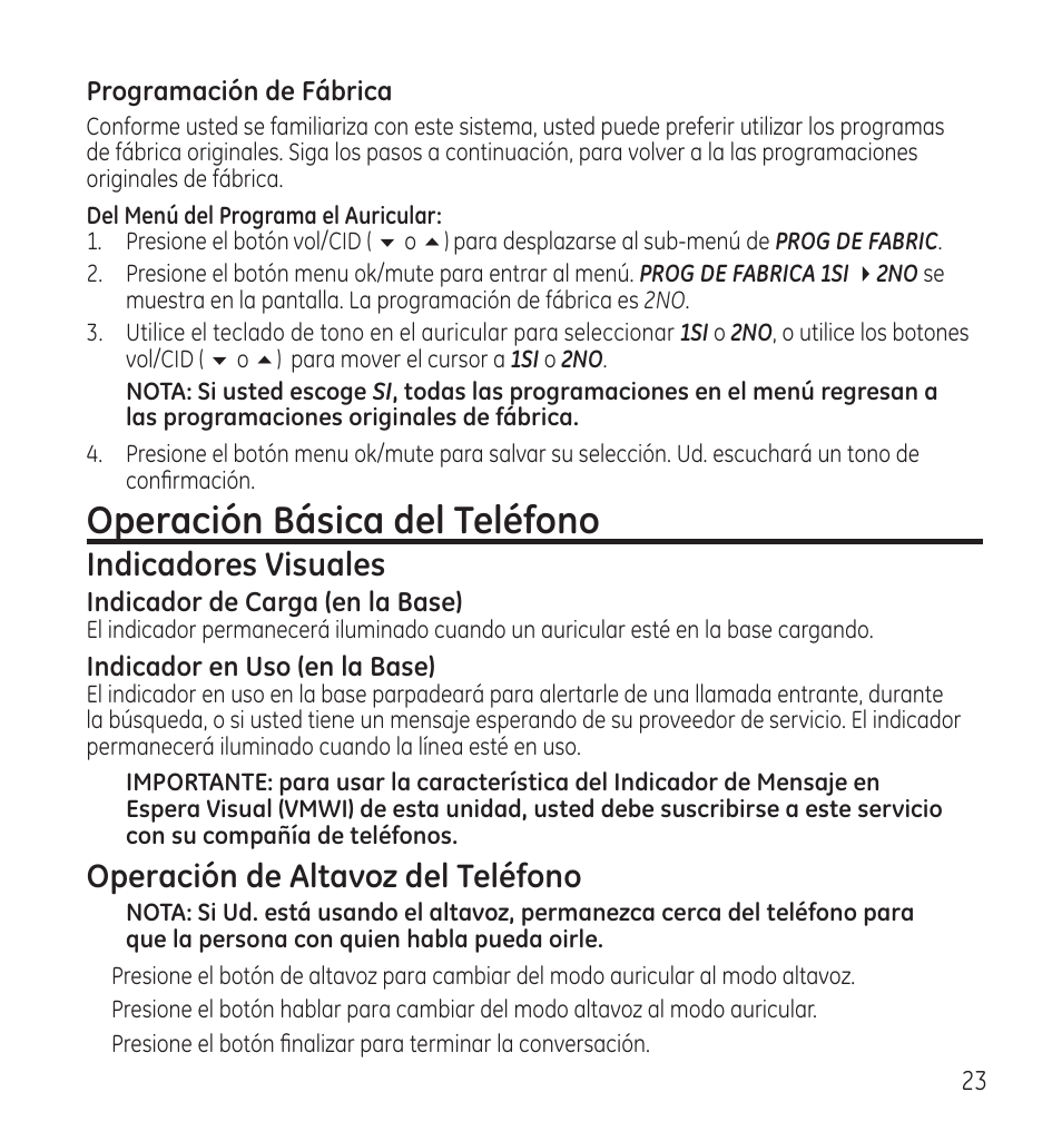 Operación básica del teléfono, Indicadores visuales, Operación de altavoz del teléfono | GE 28118 User Manual | Page 75 / 104