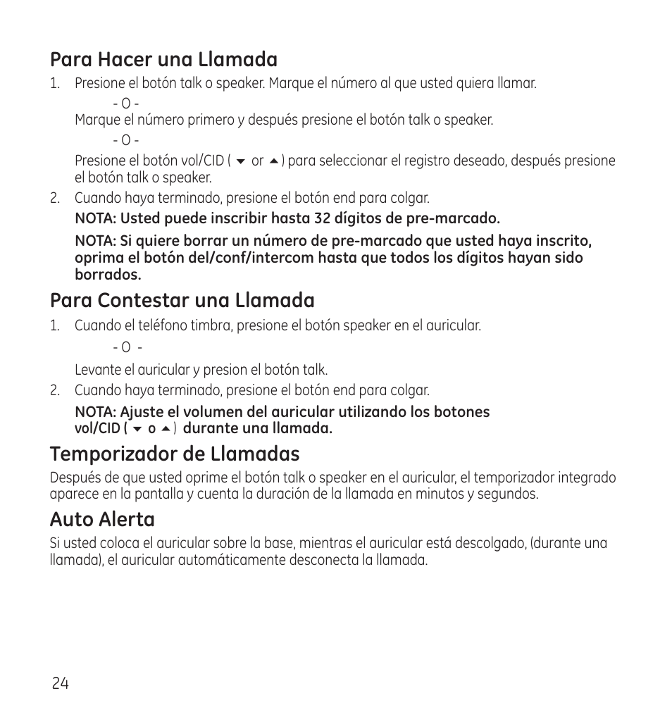 Para hacer una llamada, Para contestar una llamada, Temporizador de llamadas | Auto alerta | GE 28118 User Manual | Page 76 / 104