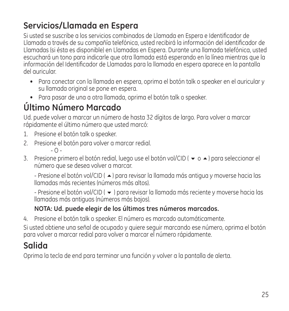 Servicios/llamada en espera, Último número marcado, Salida | GE 28118 User Manual | Page 77 / 104