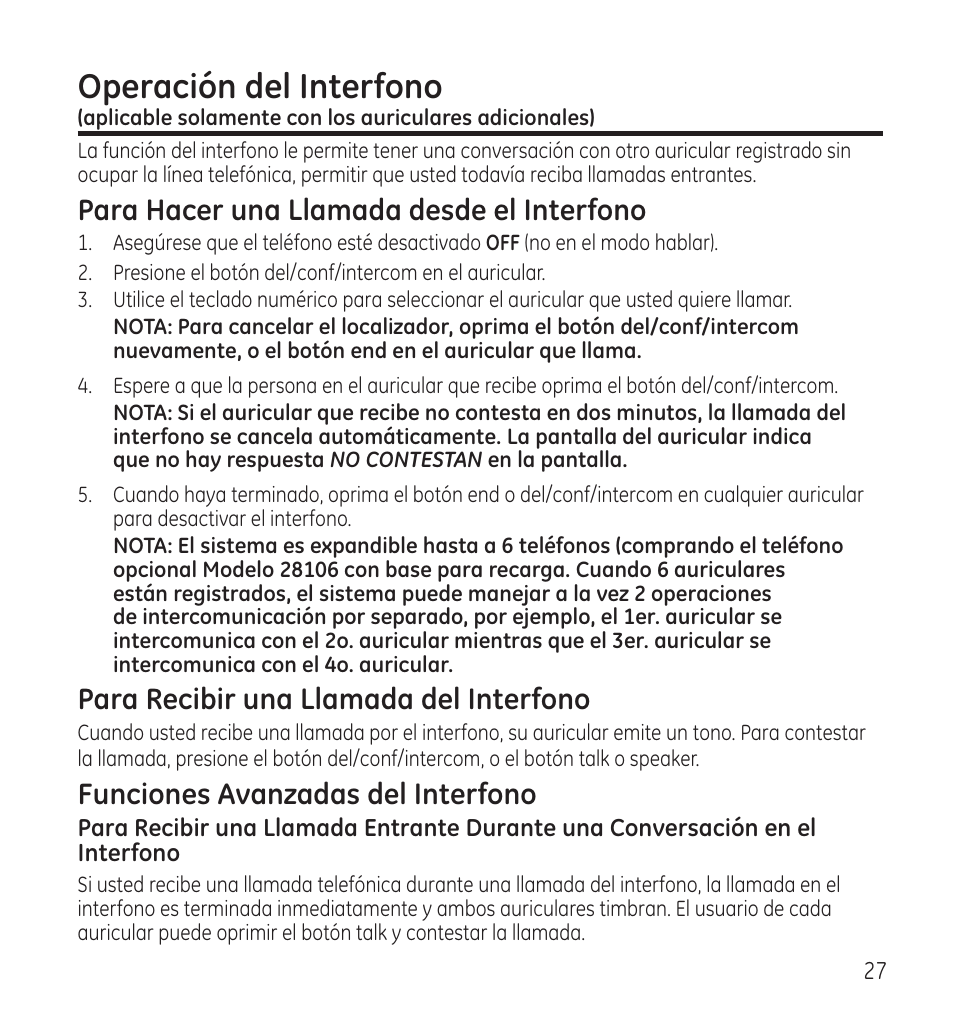 Operación del interfono, Para hacer una llamada desde el interfono, Para recibir una llamada del interfono | Funciones avanzadas del interfono | GE 28118 User Manual | Page 79 / 104