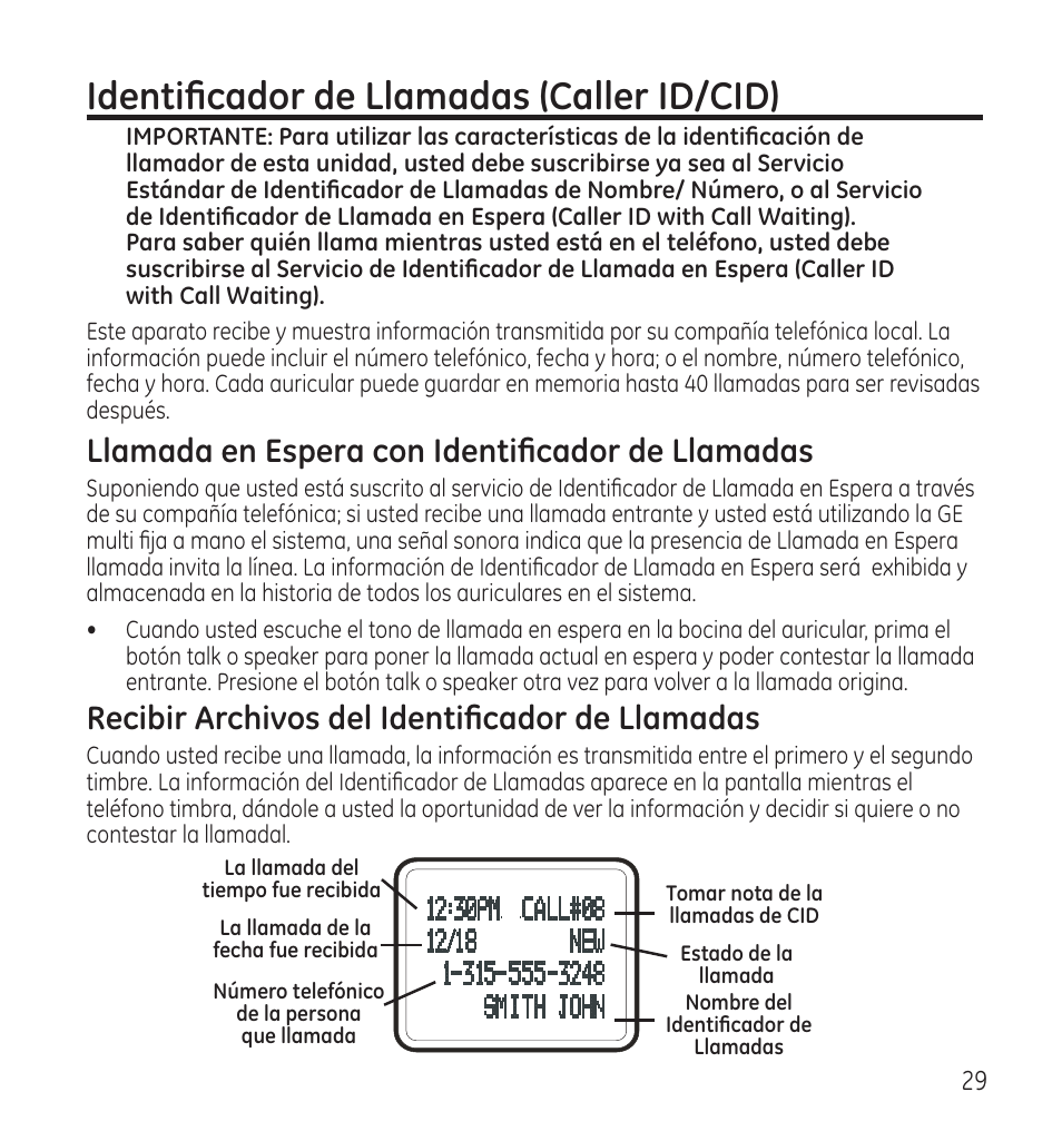 Identificador de llamadas (caller id/cid), Llamada en espera con identificador de llamadas, Recibir archivos del identificador de llamadas | GE 28118 User Manual | Page 81 / 104