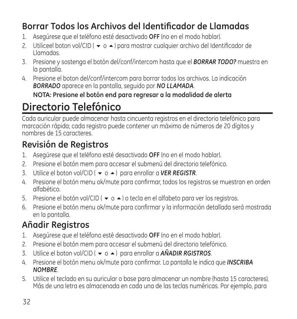 Directorio telefónico, Revisión de registros, Añadir registros | GE 28118 User Manual | Page 84 / 104