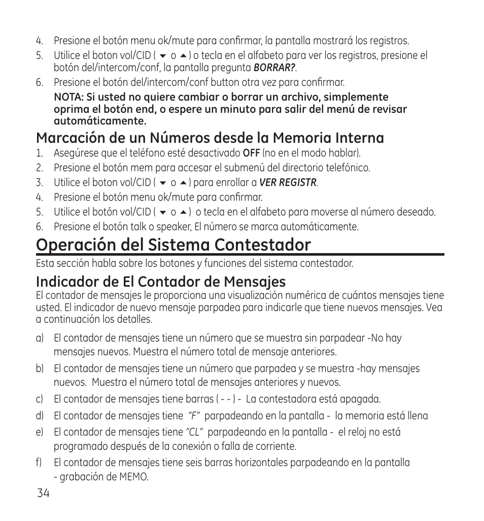 Operación del sistema contestador, Indicador de el contador de mensajes | GE 28118 User Manual | Page 86 / 104