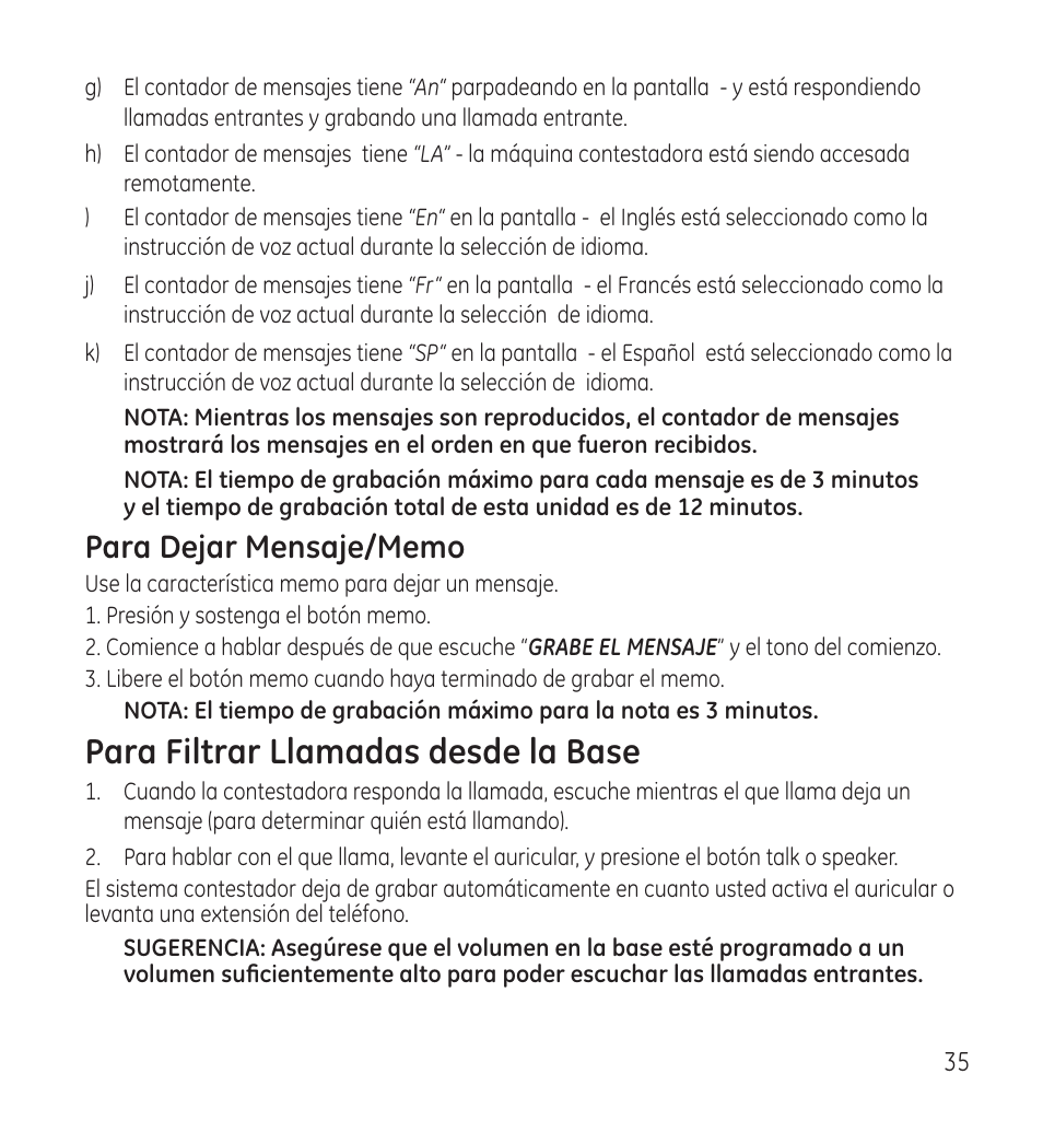 Para filtrar llamadas desde la base | GE 28118 User Manual | Page 87 / 104