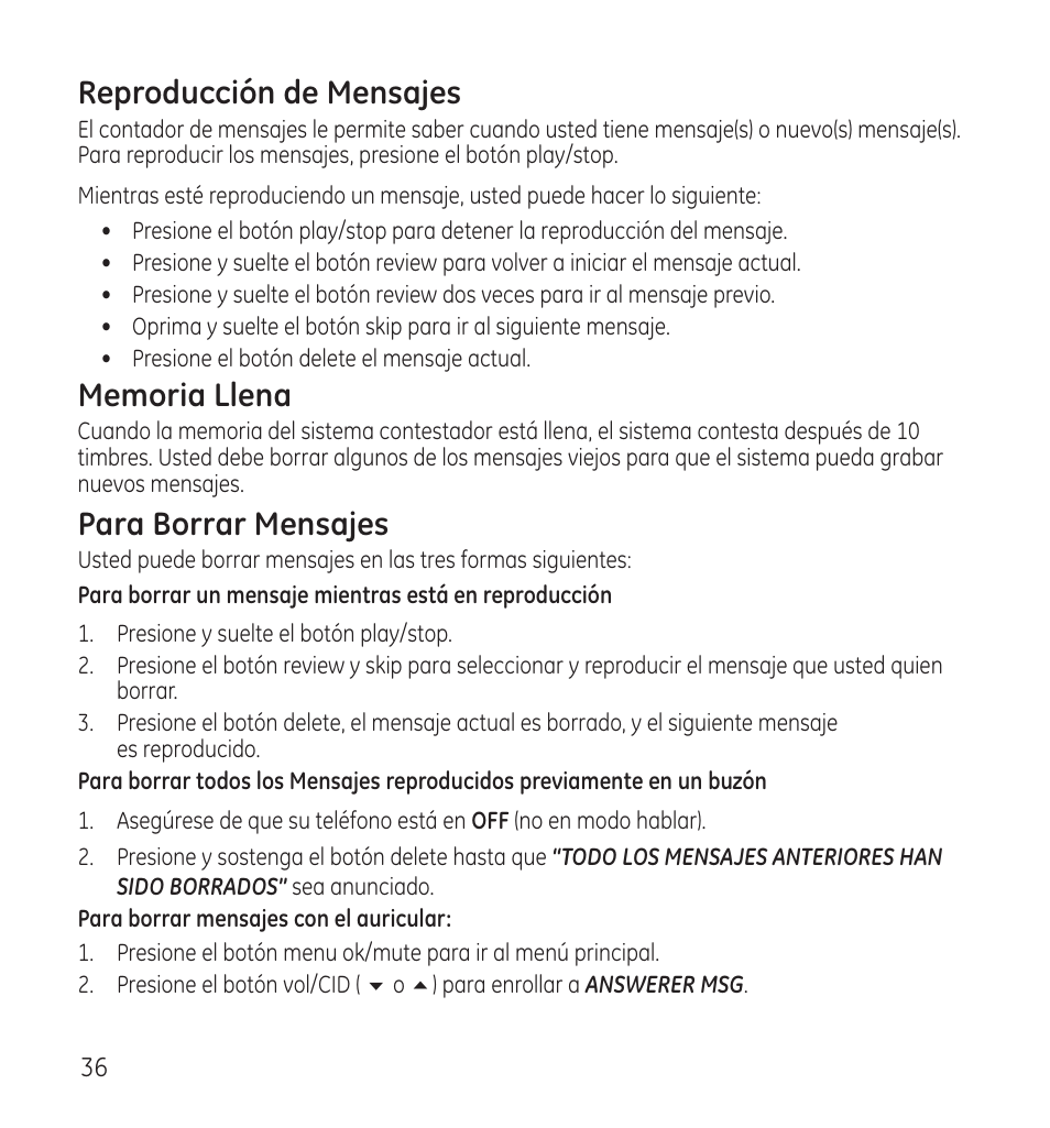 Reproducción de mensajes, Para borrar mensajes | GE 28118 User Manual | Page 88 / 104