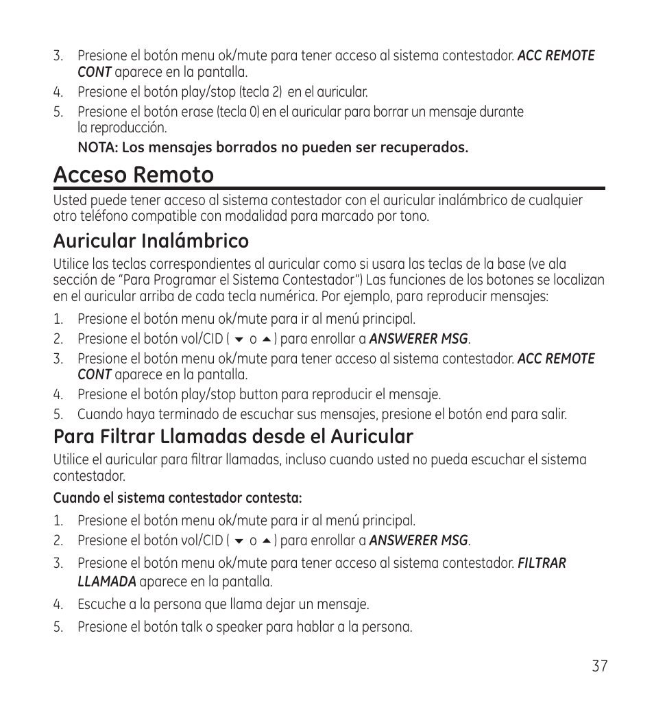 Acceso remoto, Auricular inalámbrico, Para filtrar llamadas desde el auricular | GE 28118 User Manual | Page 89 / 104