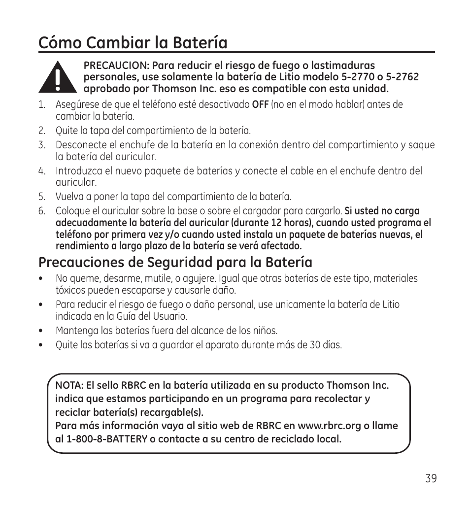 Cómo cambiar la batería, Precauciones de seguridad para la batería | GE 28118 User Manual | Page 91 / 104