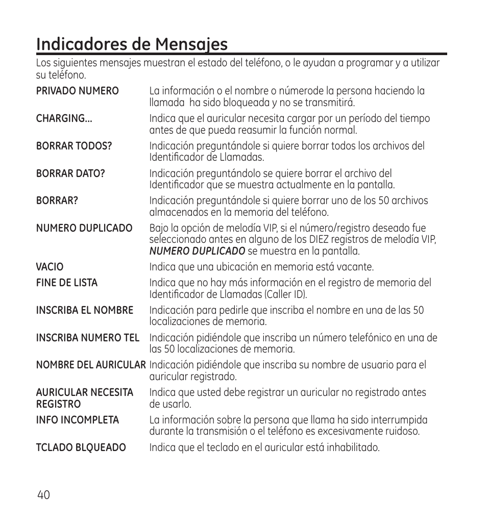 Indicadores de mensajes | GE 28118 User Manual | Page 92 / 104