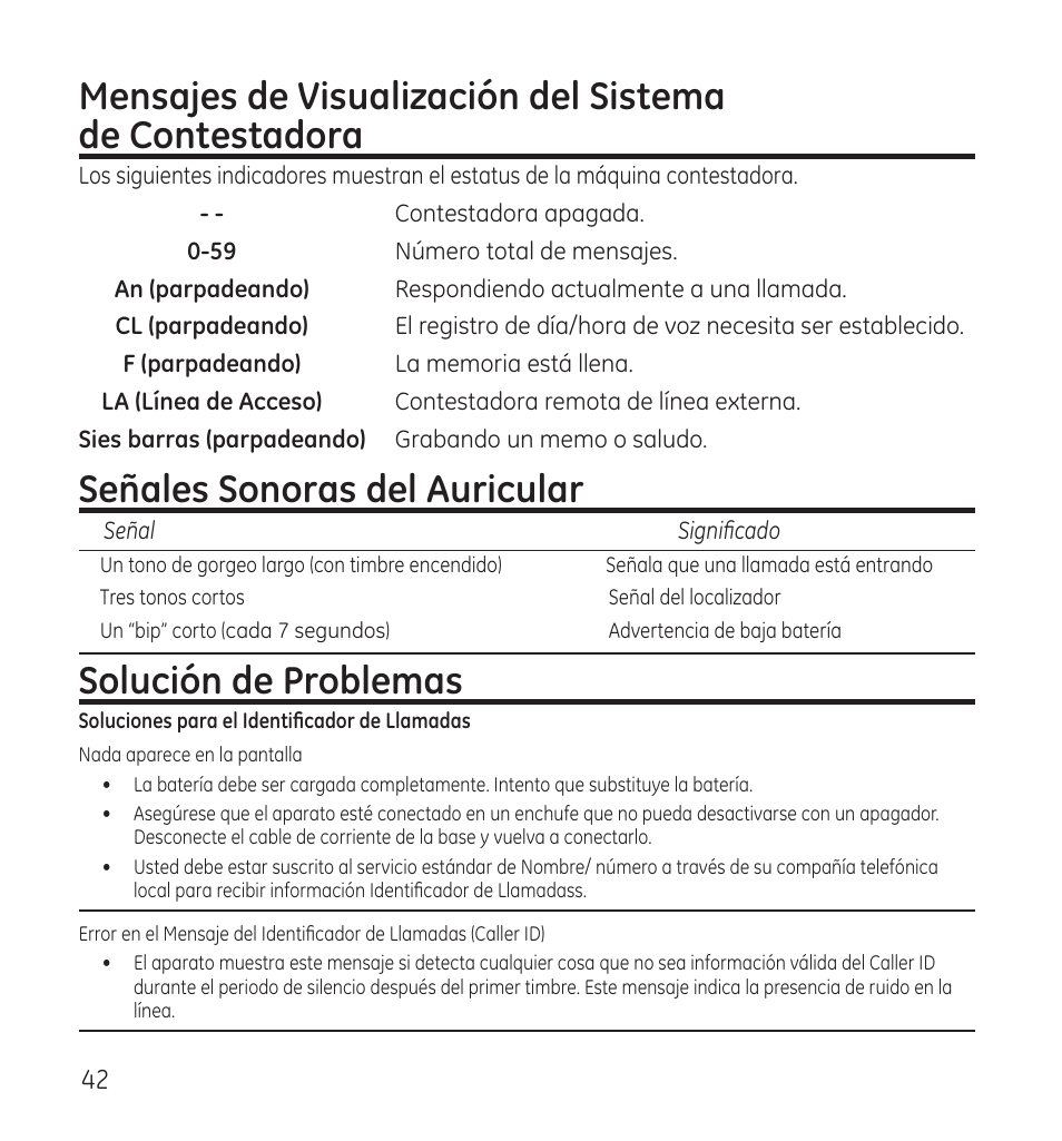 Señales sonoras del auricular, Solución de problemas | GE 28118 User Manual | Page 94 / 104