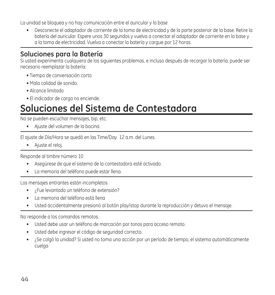 Soluciones del sistema de contestadora, Soluciones para la batería | GE 28118 User Manual | Page 96 / 104